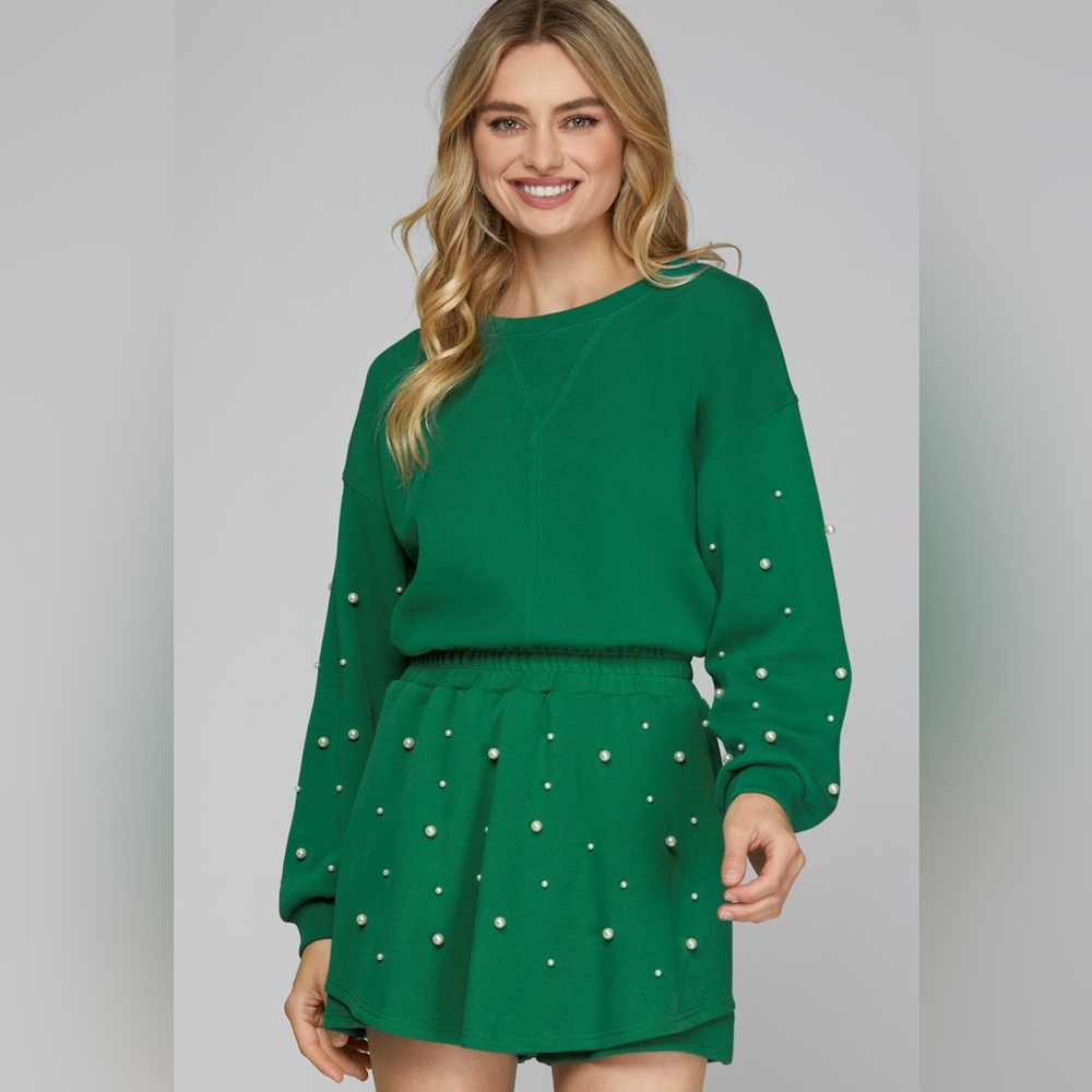 005. Pearl Sleeves Detailing Knit Top in Festive Green - Picture 4 of 4